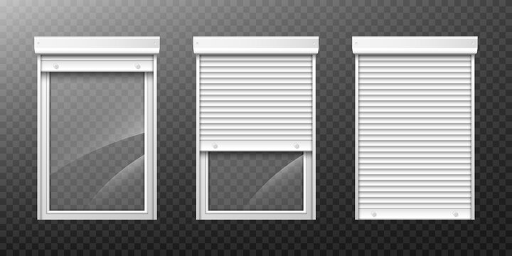 Window with roller shutter up and close. Plastic pvc casement blinds. Opened and shut front view. Home facade design elements isolated on transparent background realistic 3d vector illustration