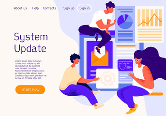 System Update on a website with three software technicians working on digital devices and interfaces and copyspace for text, colored vector illustration