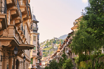 Small street in Montreux city, canton of Vaud, Switzerland - obrazy, fototapety, plakaty