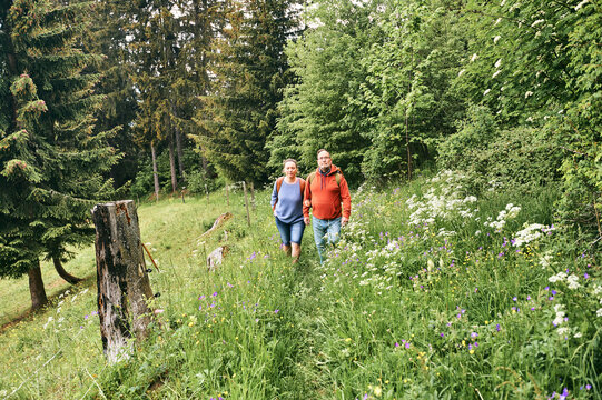 Middle Age Couple Hiking In Green Forest, Active Family Time