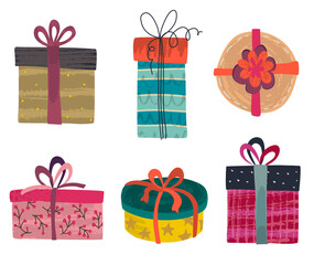 Vector collection of colorful gift boxes with different hand drawn textures