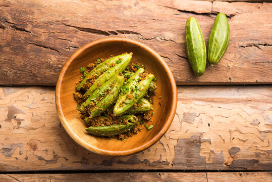 Indian style Bharwa Parwal or paraval dry Sabzi or Stuffed Pointed Gourd Dry fry, selective focus