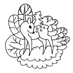 Hand drawn vector of fawn and forest plants. Stock illustration of a young deer isolated on a white background.
