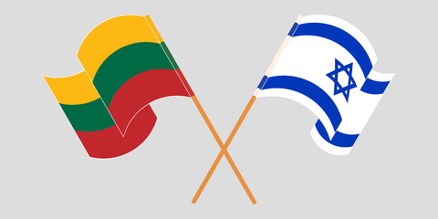 Crossed and waving flags of Israel and Lithuania. Vector illustration