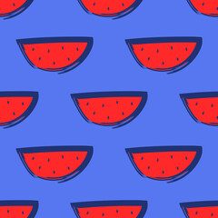 vector watermelon slice and outlines rough brush stroke seamless pattern on blue