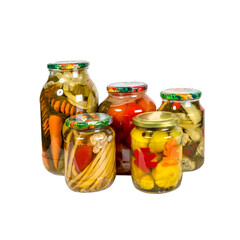 glass jar with canned vegetables isolated on white background.