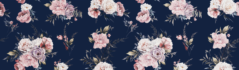 Nahtloses Blumenmuster mit Blumen auf Sommerhintergrund, Aquarellillustration. Vorlagendesign für Textilien, Interieur, Kleidung, Tapeten