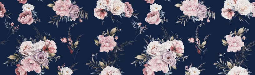 Fototapete Rosen Nahtloses Blumenmuster mit Blumen auf Sommerhintergrund, Aquarellillustration. Vorlagendesign für Textilien, Interieur, Kleidung, Tapeten