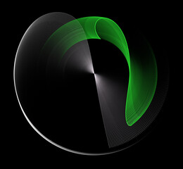 Abstract fan with two blades on a black background. The gray blade is spinning. A green plane hangs above it. 3D rendering. 3D illustration. Graphic design element.