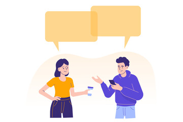 Chatting man and woman with speech bubbles isolated on white background. People discussing social network, dialogue. Chat communication. Modern vector illustration in flat cartoon style