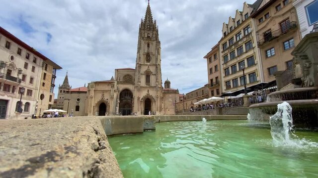 Oviedo Cathedral Square in Asturias, Spain. View of the square from the fountain
