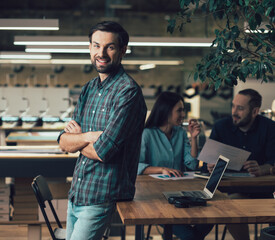 Handsome man posing in the office while colleagues working