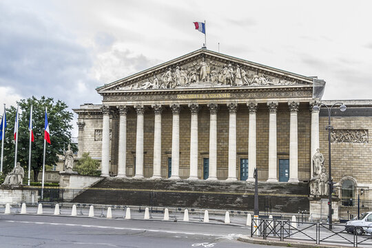 Bourbon Palace (Palais Bourbon, 1724) - palace located on Seine left bank, across Place de la Concorde in Paris. Bourbon Palace - seat of French National Assembly (inscription: Assemblee Nationale).