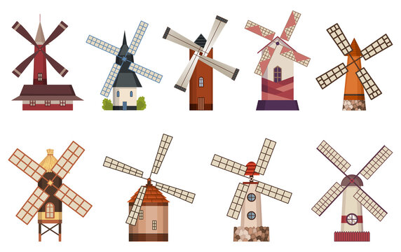 Collection of traditional ancient windmill buildings. Rural organic agricultural production, ecological food manufacturing, clean energy concept, wind mill farm. Medieval european windmill