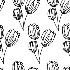 Seamless black and white pattern of forest flowers. The stylized image. Isolated on a white background. Idea for packaging, fabric collection, decor, wallpaper.