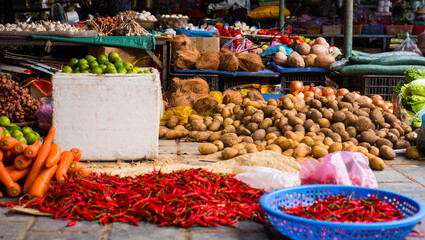 peppers and carrots at a market in Vietnam