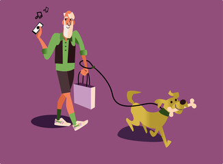 Cute funny illustration of old man with white beard in fashionable stylish clothes go for a walk with pet dog. Senior citizen live active happy life, listen to music on mobile phone, go out and go sho