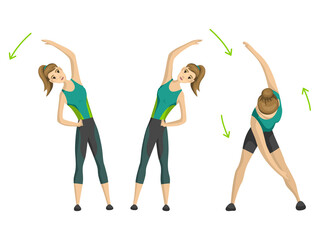 Woman fitness. Vector girl doing sport physical exercise. Woman exercising various different training poses. Active and healthy life concept