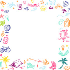 Hand drawn summer holiday, vacation elements square frame. Doodle Travel collection.