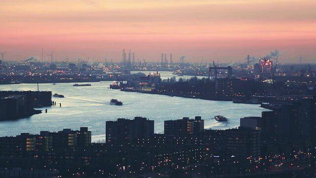 Static footage of the New Meuse (Nieuwe Maas) river in Rotterdam and the harbor industry.