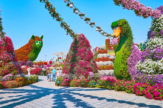The cat and swan installations in Miracle Garden, on March 5, 2020 in Dubai, UAE