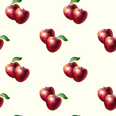 Red apple fruit seamless pattern on light background. For paper, cover, fabric, gift wrap, wall art, interior decoration. Simple surface pattern design. Hand drawn colored watercolor illustration