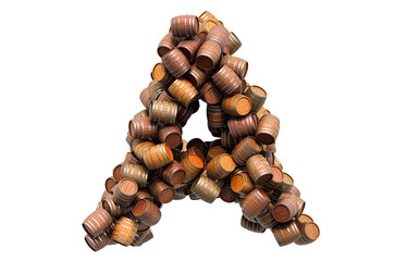 Letter A from wooden barrels, 3D rendering