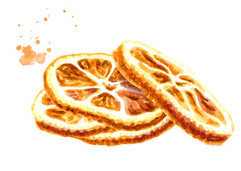 Dried orange chips slices. Hand drawn watercolor illustration isolated on white background