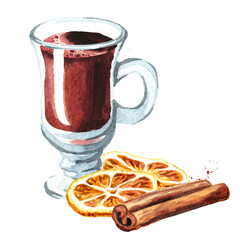 Hot wine mulled wine and Christmas spices dried orange slicese and cinnamon stick. Hand drawn watercolor illustration isolated on white background