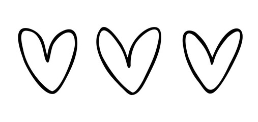 Vector set of hearts silhouette isolated on white background. Symbol of love. Hand drawn, cartoon style