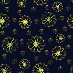 Seamless pattern, golden ornament on a blue background with beautiful abstract flowers, modern concept for your design.