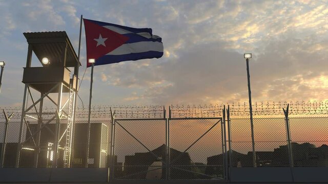 Military base with waving flag of Cuba 3d