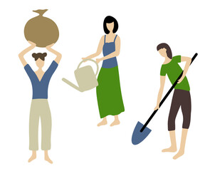 Vector set of girls with gardening tools. Work in the garden. Isolated women with garden tools.