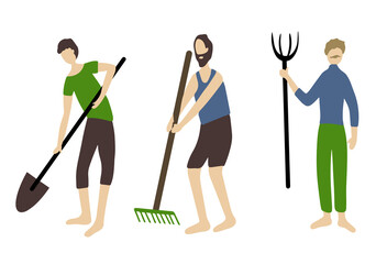 set of men with garden tools. Fork, rake and shovel in the hands of farmers. sowing and harvesting. People and agriculture.