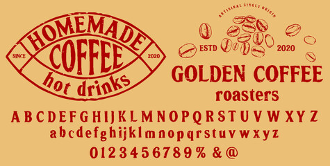 Font "coffee " is inspired by embellished vintage posters  and packaging design.Typeface work for logos, cafes, restaurants. Letters and numbers. Vector Illustration.