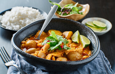 thai massaman curry with chicken and potatoes in bowl - obrazy, fototapety, plakaty