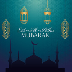 Eid Al Adha Mubarak celebration with golden lanterns hanging