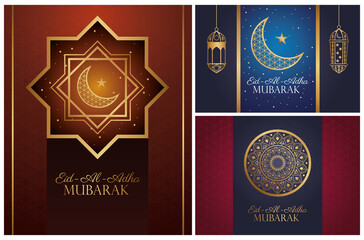 Eid Al Adha Mubarak celebration with golden set icons