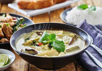 thai green curry with chicken and eggplant in bowl