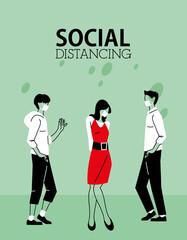 Social distancing between woman and men with masks vector design