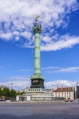 July Column (1840) at Bastille Square with gilded statue "Genie de la Liberte". Bastille Place is a square in Paris, where Bastille prison stood until "Storming of Bastille" during French Revolution.