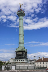 July Column (1840) at Bastille Square with gilded statue "Genie de la Liberte". Bastille Place is a square in Paris, where Bastille prison stood until "Storming of Bastille" during French Revolution.