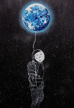 Oil painting. The astronaut and the earth. Background.