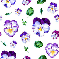 Seamless pattern with colorful mixed spring flowers viola cornuta in vibrant purple, blue, pink, yellow color, colorful pansies,  high detail floral summer wallpaper background