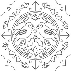 love birds folk art black and white coloring book page