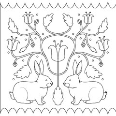 rabbit floral black and white coloring book page