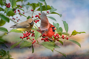 Naklejki  Cedar Waxwing and Northern Cardinal Perched in American Holly Tree Loaded with Red Berries