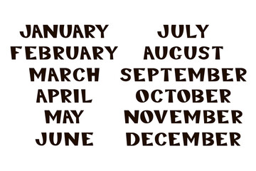 Month names of the year. Stamp style lettering for your calendar designs, stickers, printing, decor. 