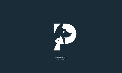 A creative abstract icon logo of a hidden  DOG and CAT in the letter P. Pet dog and cat logo