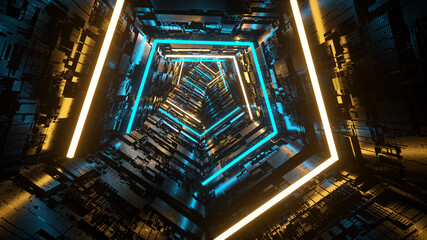 Spaceship corridor, sci-fi spaceship tunnel. Futuristic technology abstract seamless VJ for tech titles and background. graphic for internet, speed. 3D Rendering © mahirkart